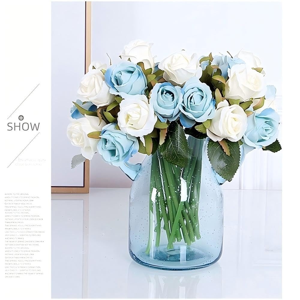 Blue White Artificial Roses Flowers 12 Heads Arrangement Silk Bouquet 1 PCS