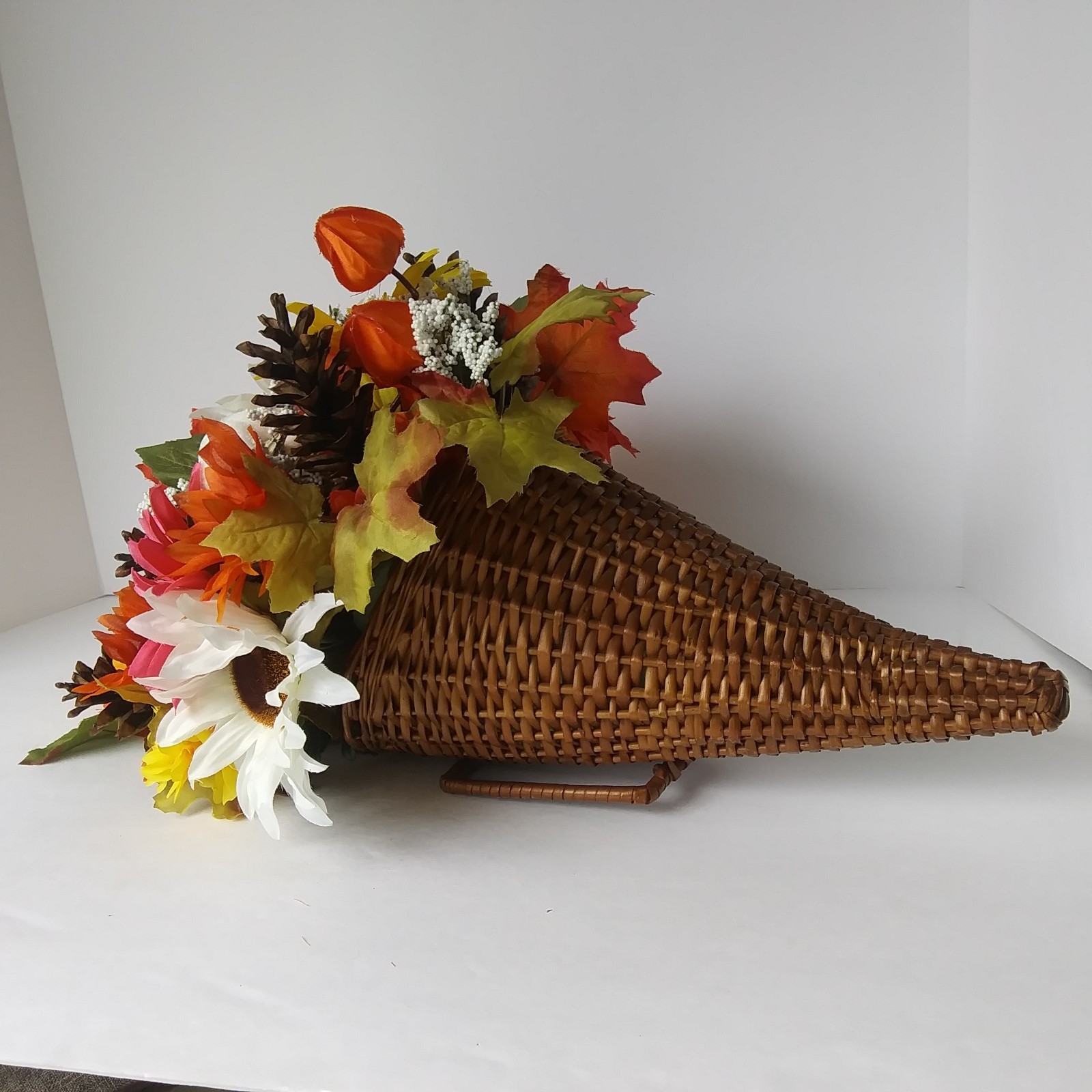 Fall Cornucopia Centerpiece Sunflowers Pinecones Maple Leaves Harvest Decor