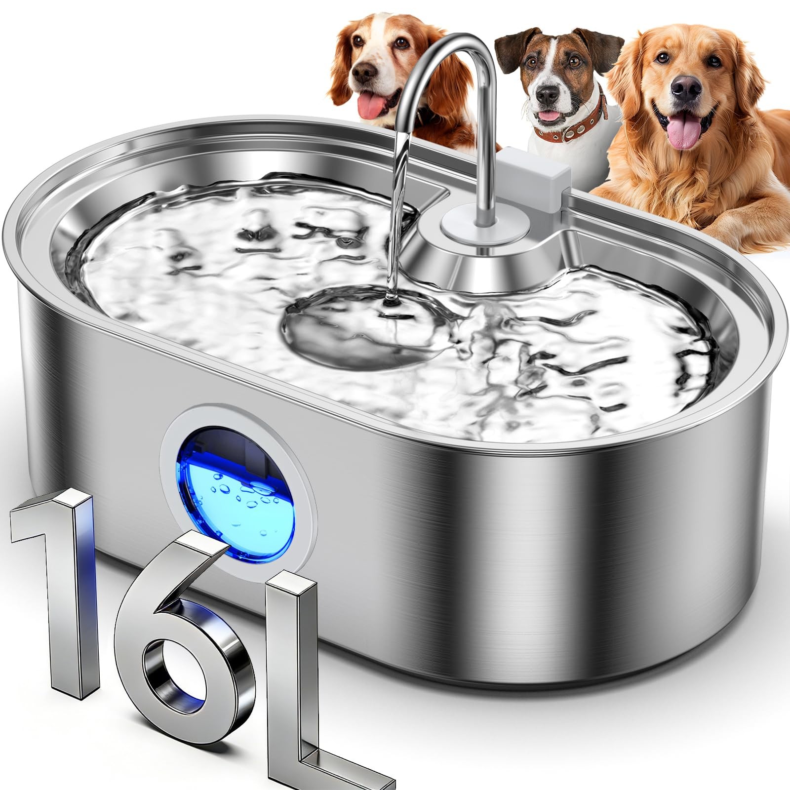 4.2Gal Dog Water Fountain for Large Dogs, Fountain, Silver