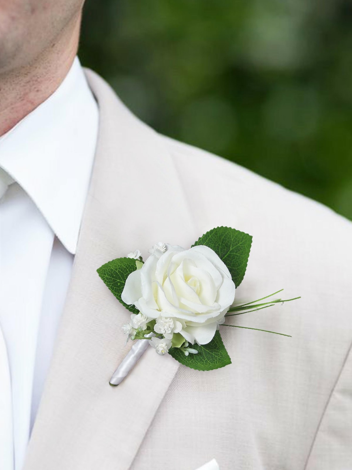 2Pcs White Rose Boutonnieres with Pins for Men, Groom, Groomsmen