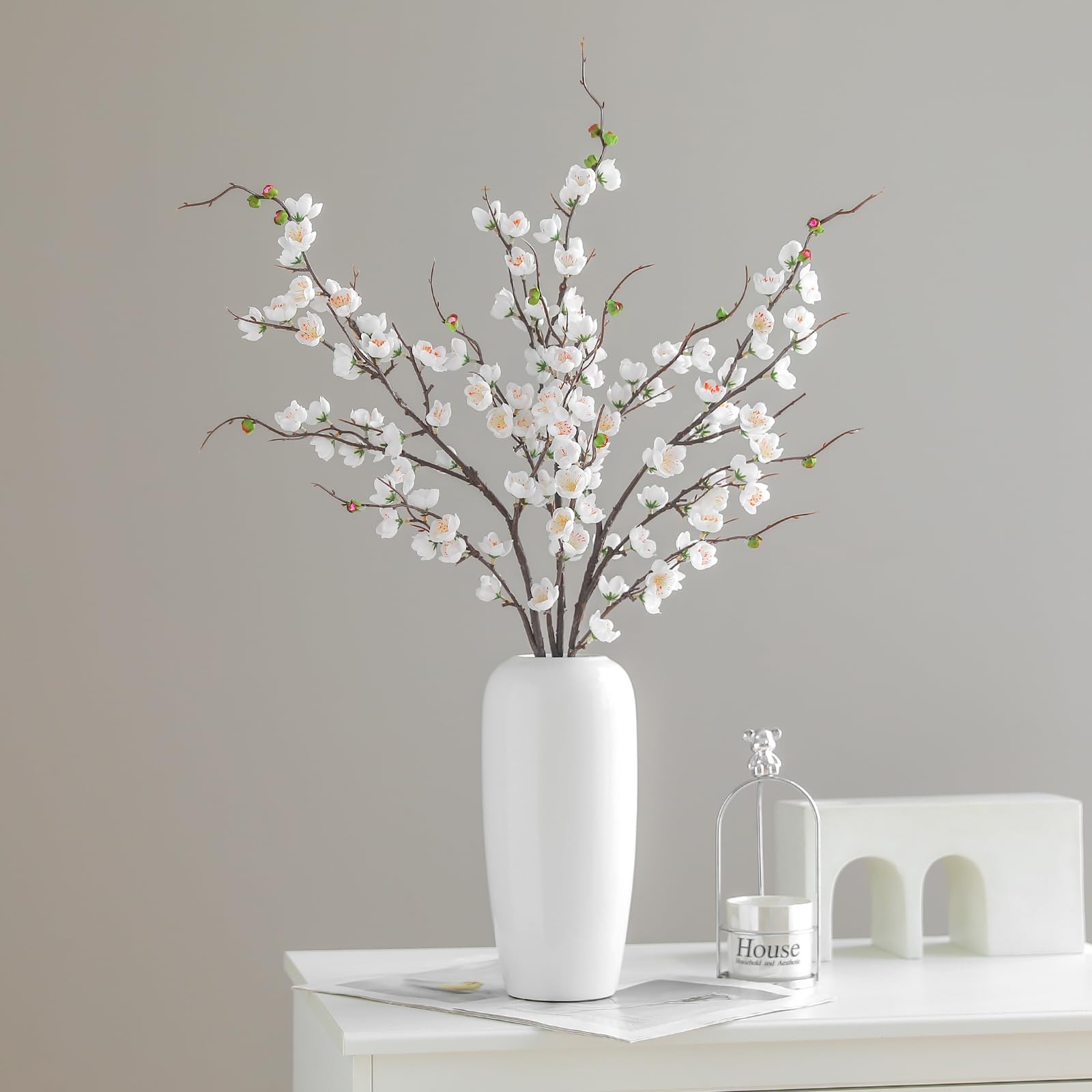 3 PCS Artificial White Cherry Blossom Branches 37.8″ Faux Silk Flowers