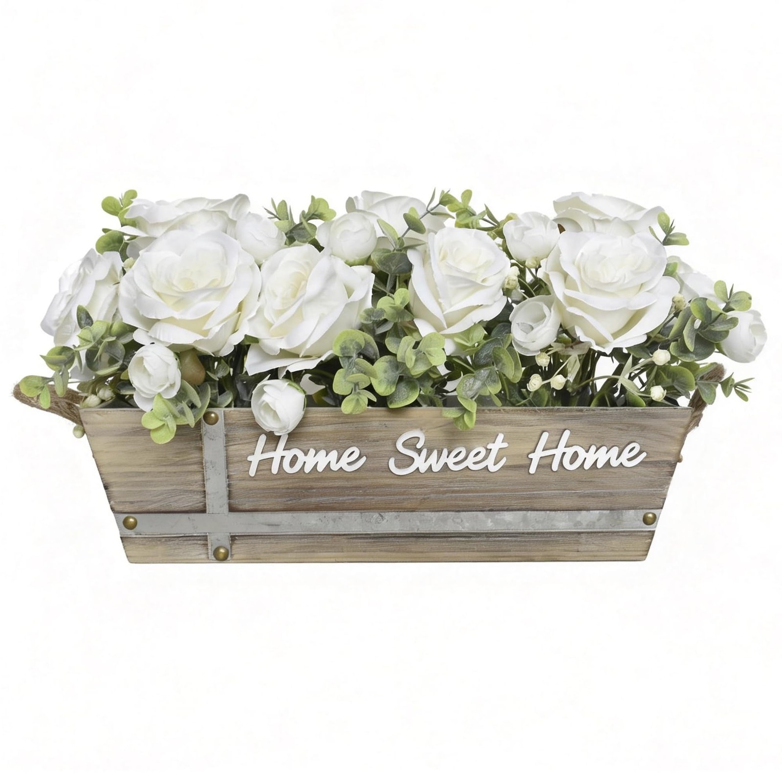Artificial Rose Flower Arrangement with Eucalyptus in Wooden Planter, Faux Fl…