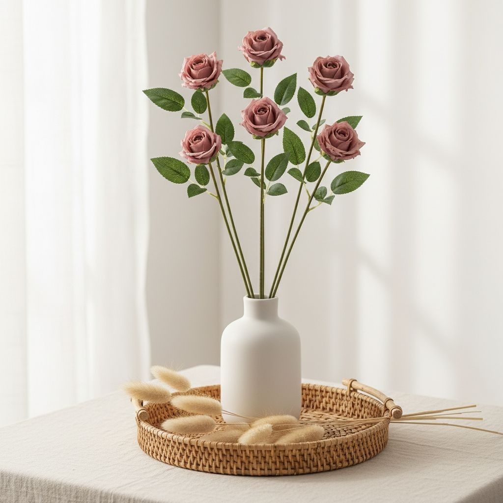 Mauve Rose Stem Set of 6 Dusty Rose Faux Flowers Artificial Long Stem Roses Vint