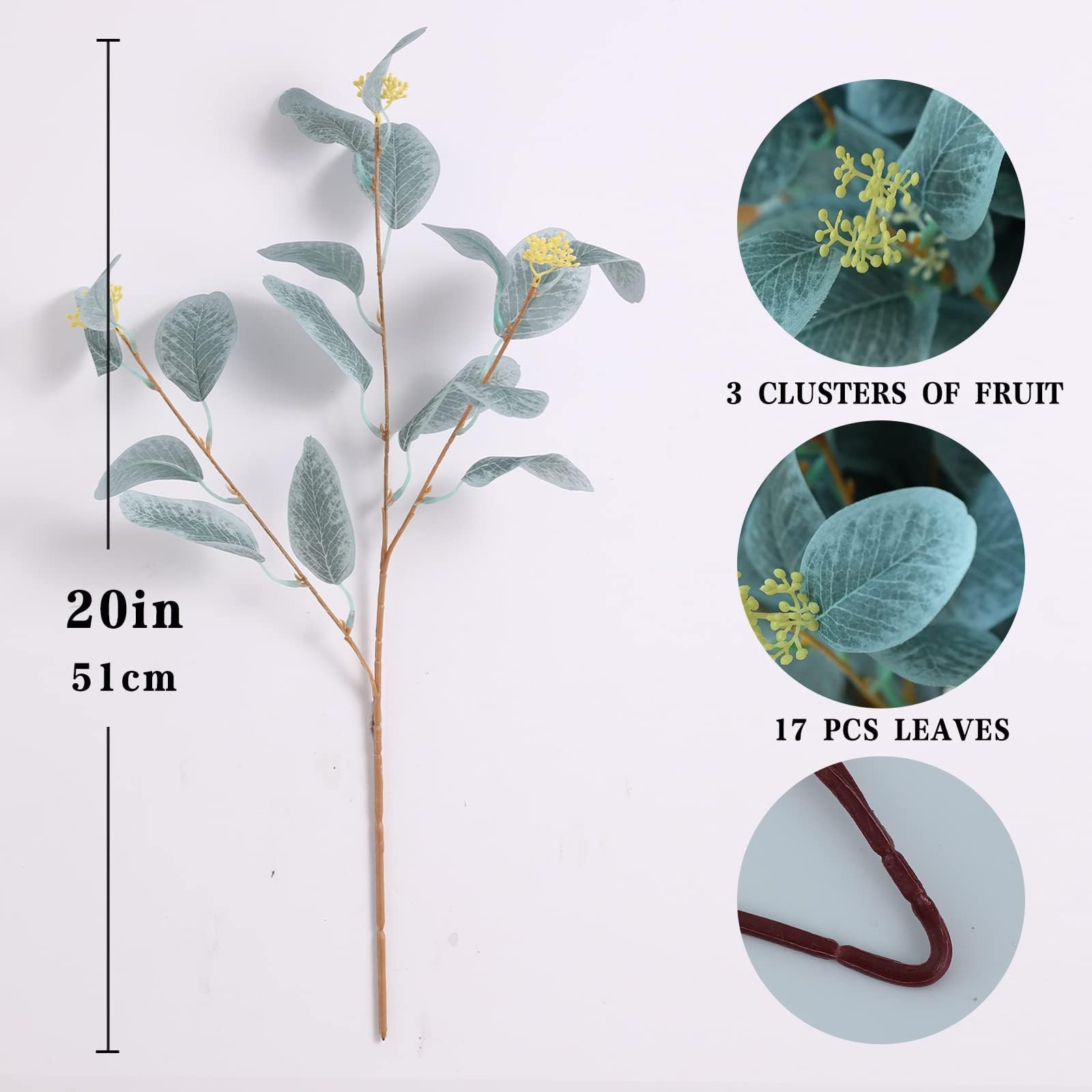 12Pcs Artificial Eucalyptus Stems, 20″ Faux Silk Leaves with Beige Berries Sk…
