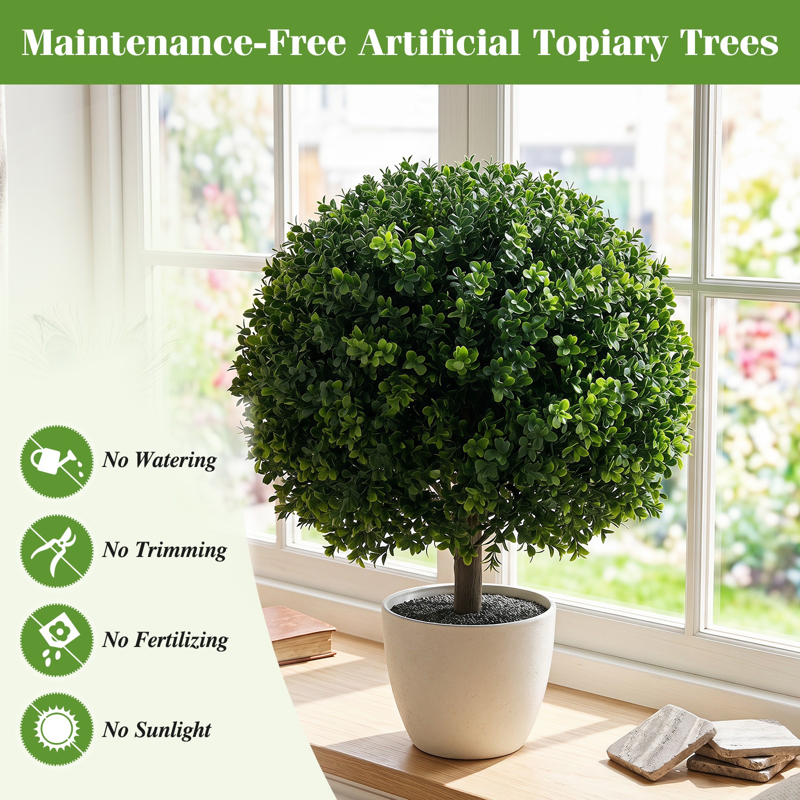 27″ Artificial Boxwood Topiary Trees Set of 2, Faux Shrubs with Ground Spikes