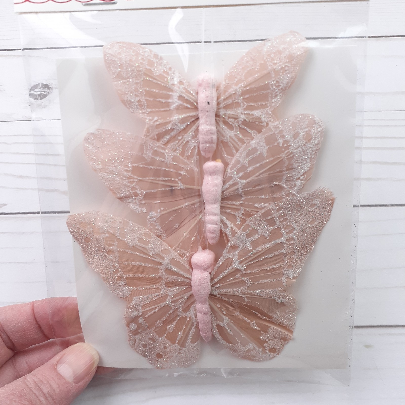 Feather Butterfly Floral Wreath Bouquet Decor Pink White Glitter 3 pc