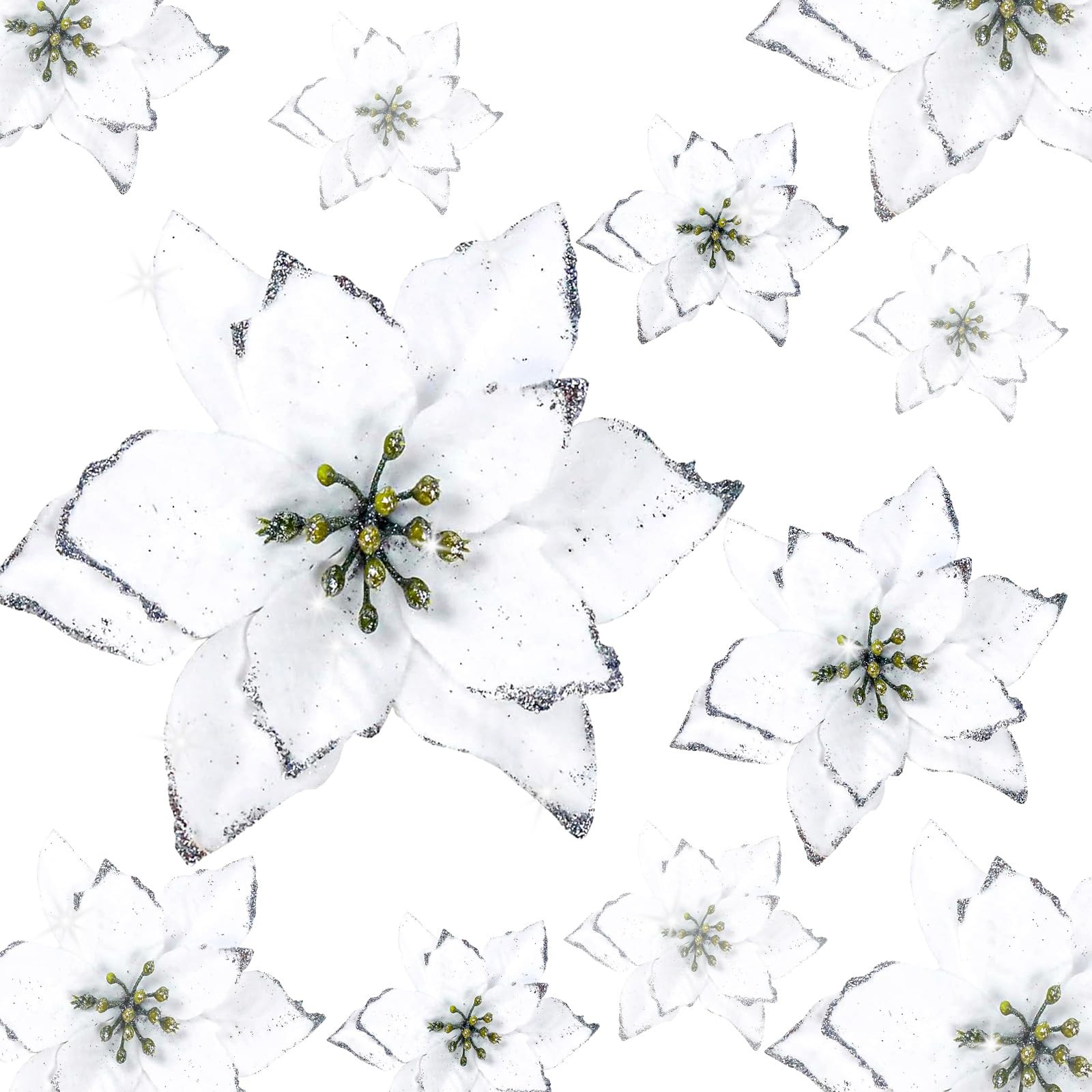 12 Pack White Glitter Poinsettia Ornaments, Christmas Tree, Flowers, Decor,Clips
