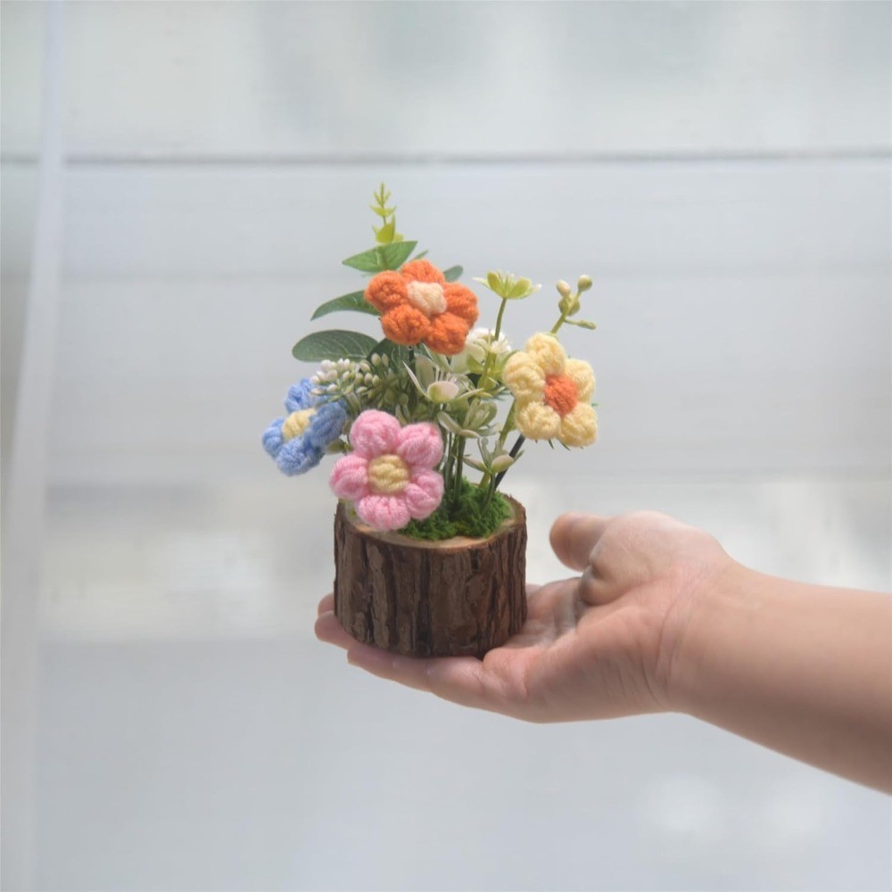 Handmade Crochet Knitted Puff Flowers Bouquet in Pot Mini Cute Home Desktop