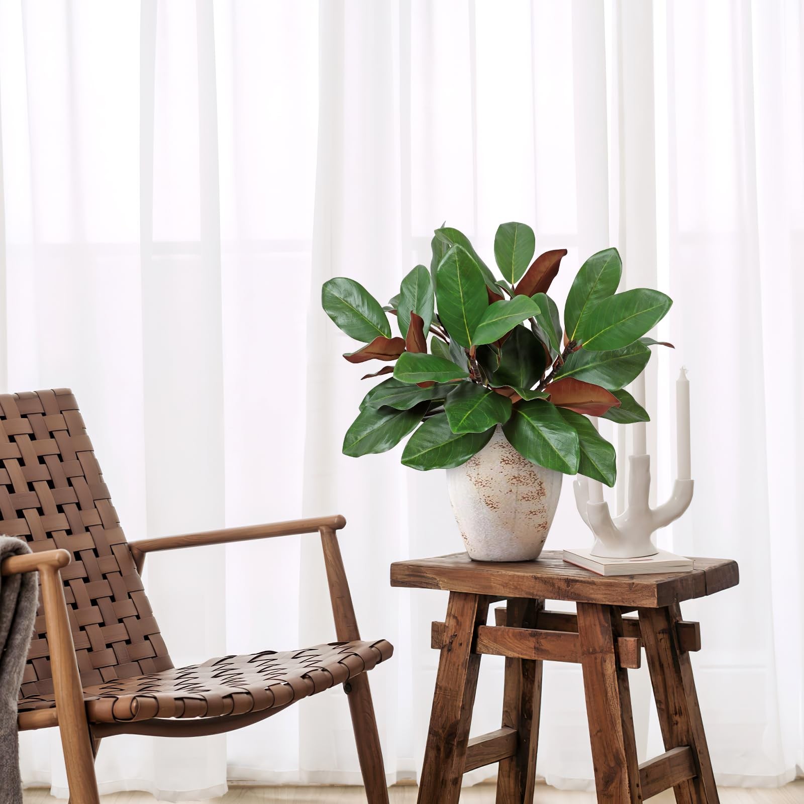 6 Pcs Artificial Magnolia Leaves Branches 18inch Faux 3D Real Touch Magnolia …