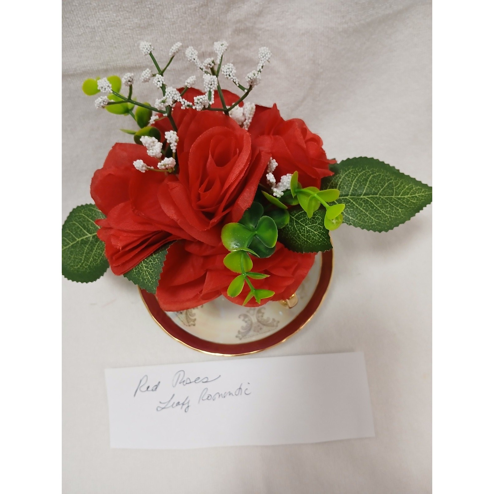 Silk Floral Arrangement Red Roses Leafy Tea Party Cup POP-IN Love Romantic Gift