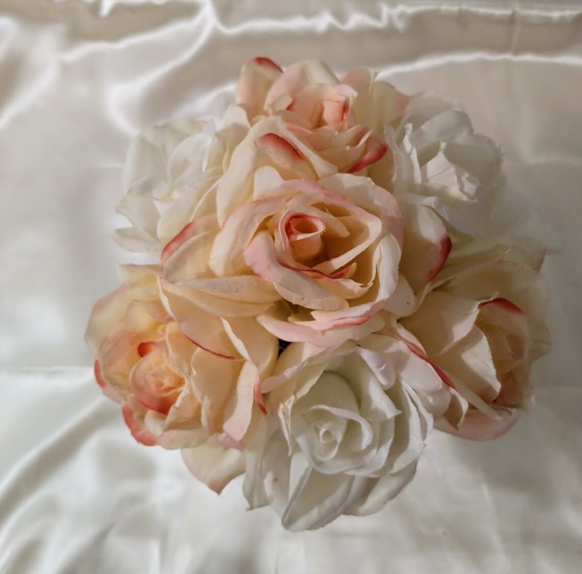 Roses Pottery Pot White & Pink Flowers Artificial Shabby Chic Decor 8″ x 7″