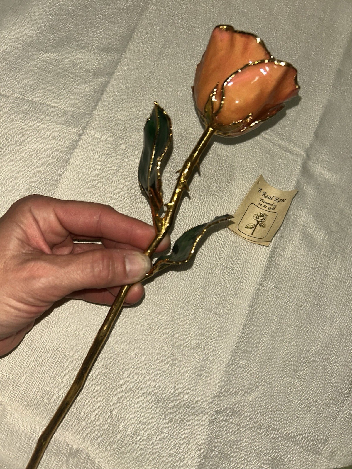 24K Gold Trimmed Real Peach Forever Rose Crystal Vase Green Glass Keepsake