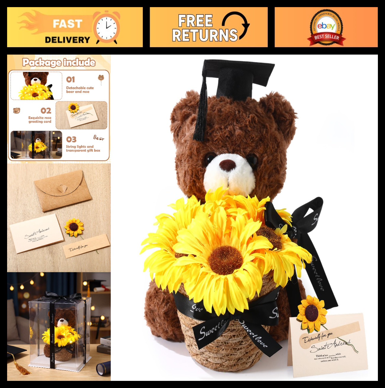 Graduation Bear with Sunflower Bouquet – Class of 2026 Stuffed Animal Gift, Cong