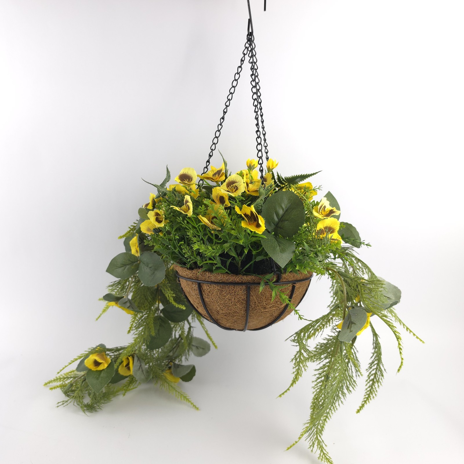 Garden Reflections Cascading Faux Pansy & Fern Hanging Basket Yellow