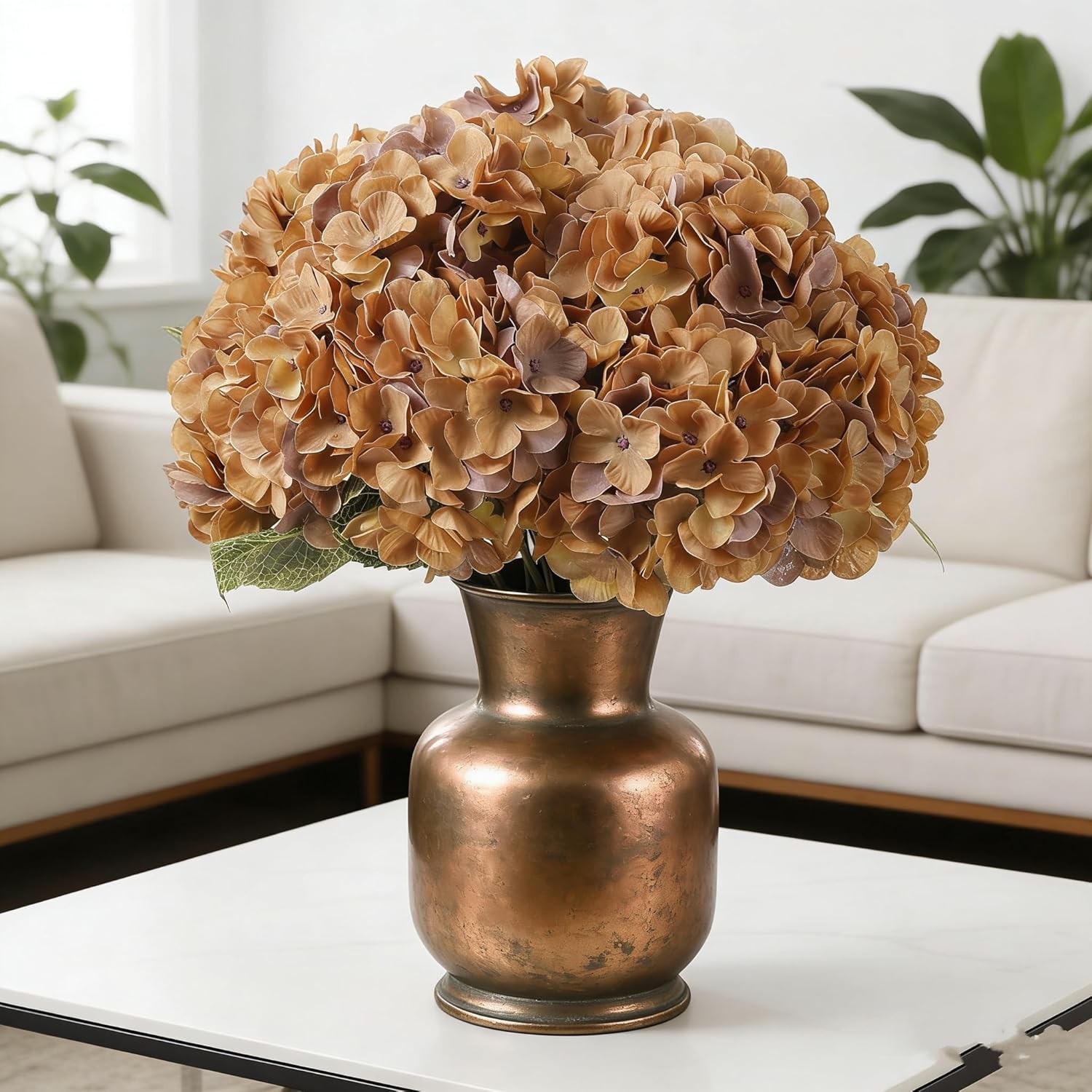 2 Bouquets Faux Hydrangea Flowers Vintage Artificial Silk Hydrangeas Coffee