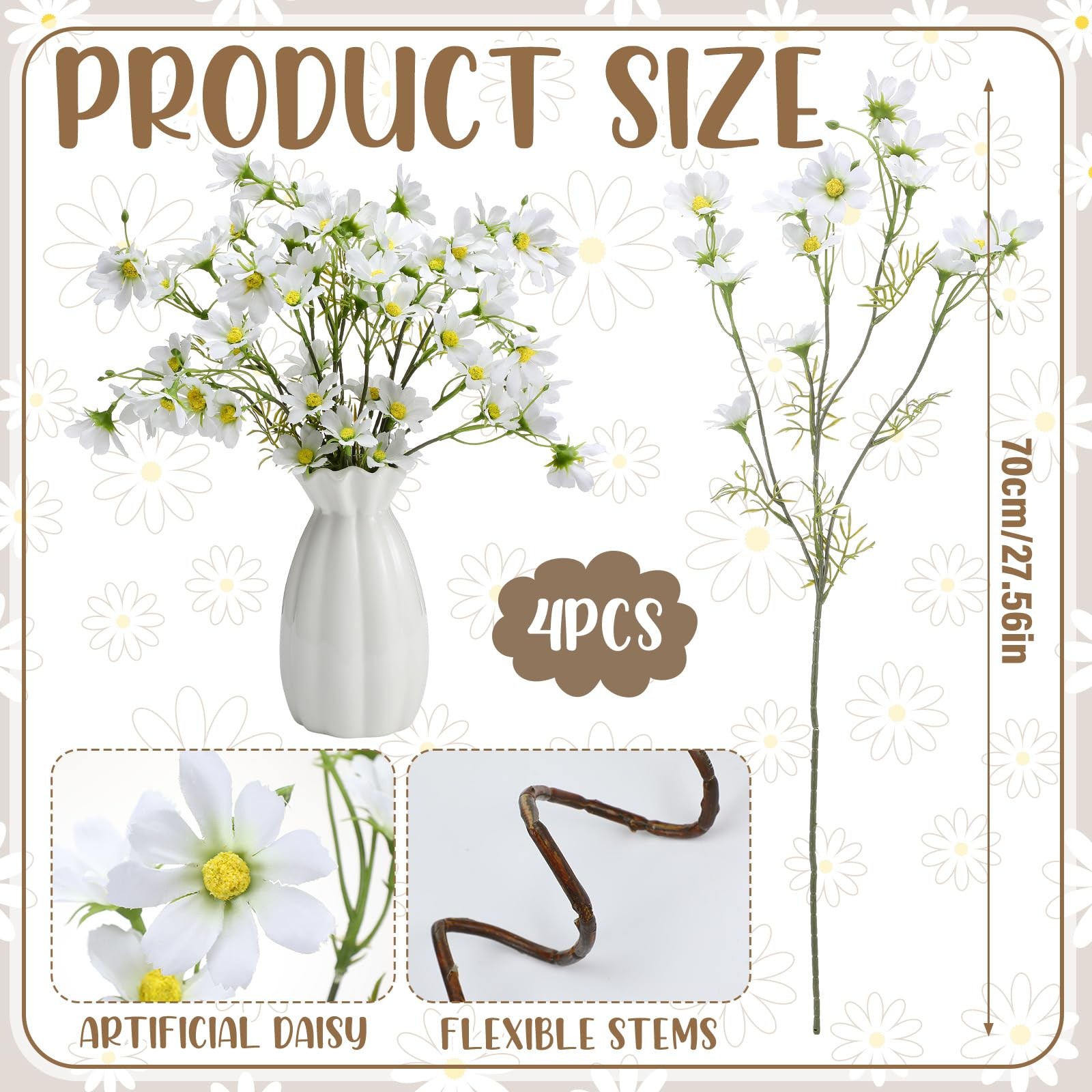 4 Pcs Artificial Daisy Flowers White Fake Cosmos Branches Flowers Faux Silk A…