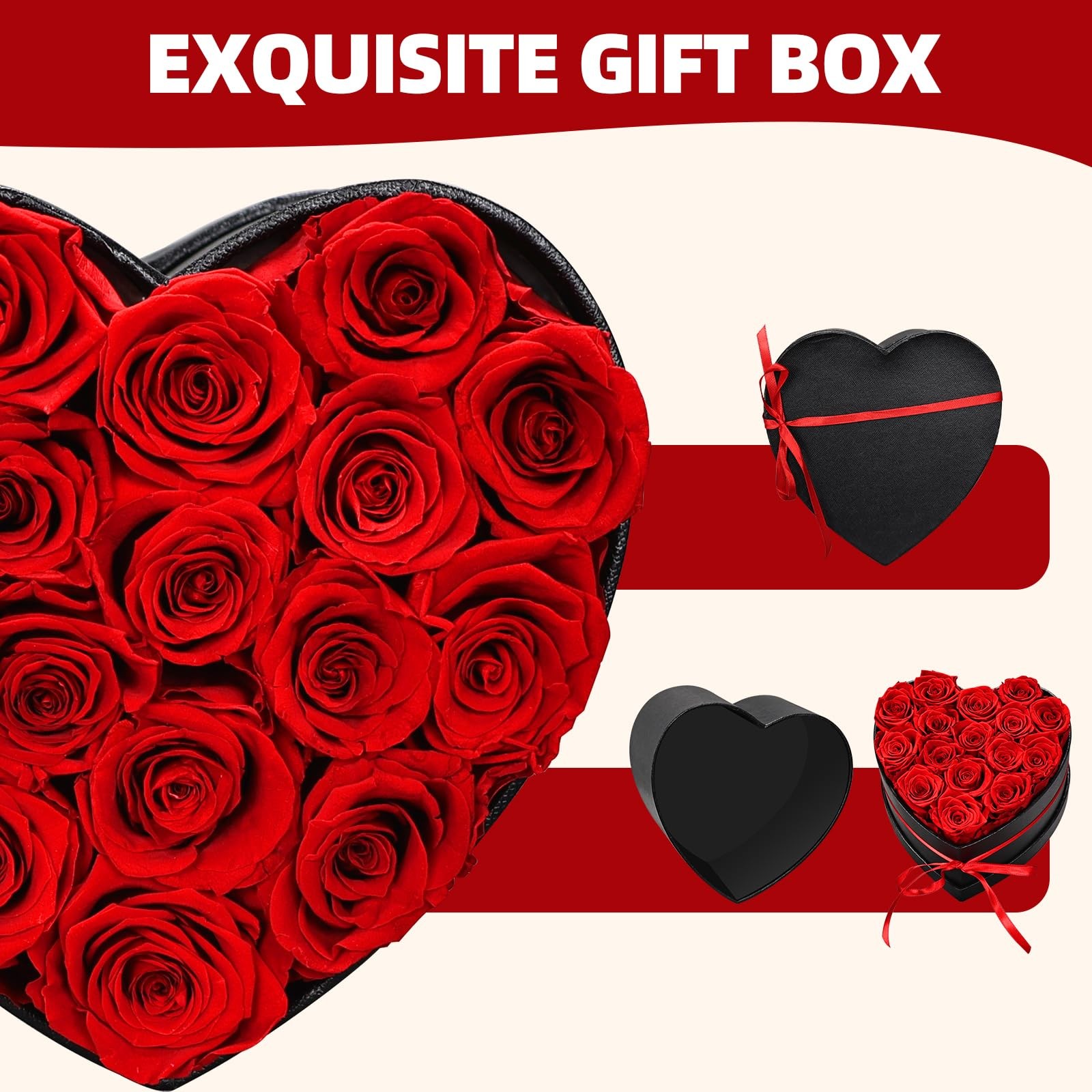 16 PCS Preserved Red Roses Forever Flowers Black Box With Bow Birthday Gift
