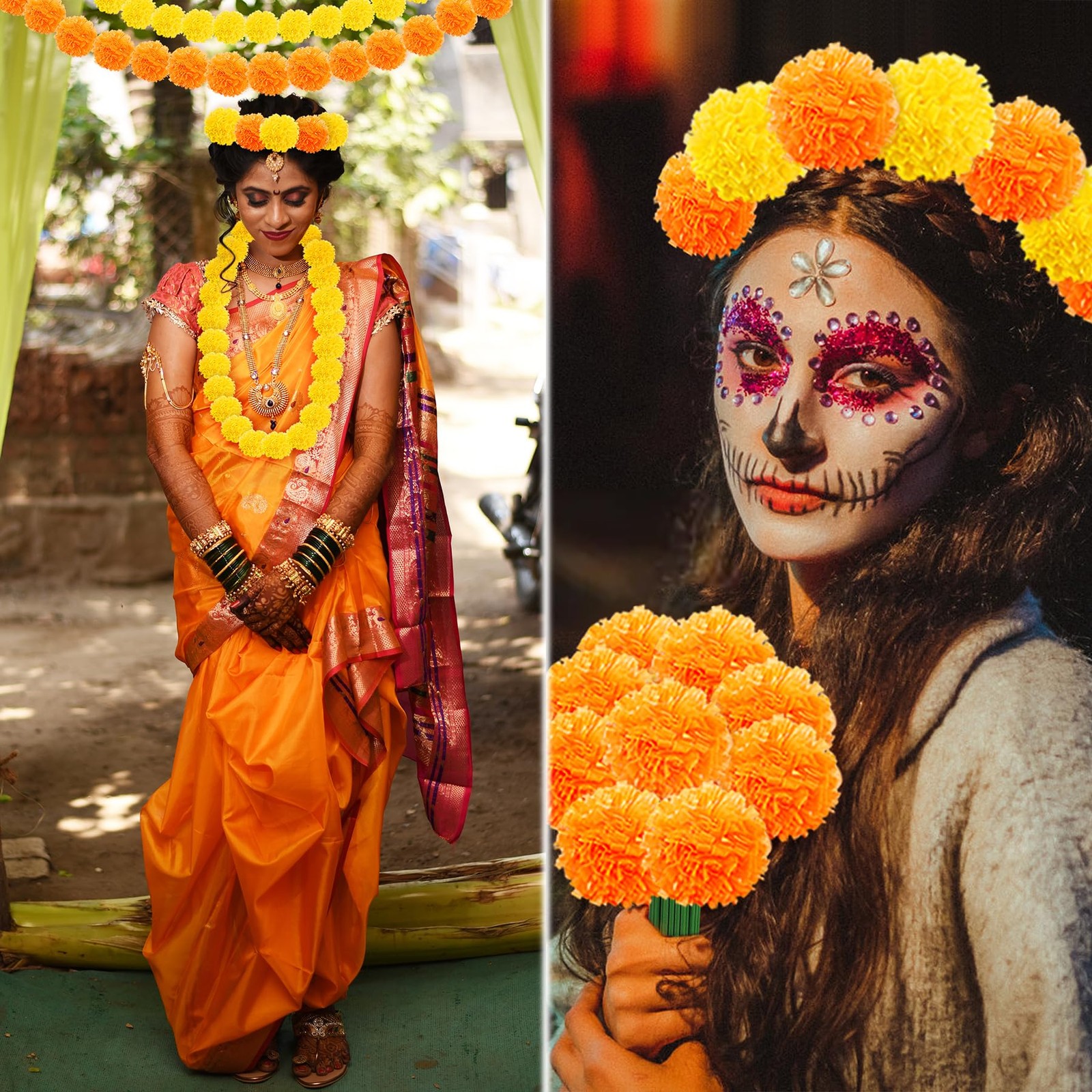 60PCS Diwali Marigold Flower Heads with Stems,Artificial Marigold Flowers for…