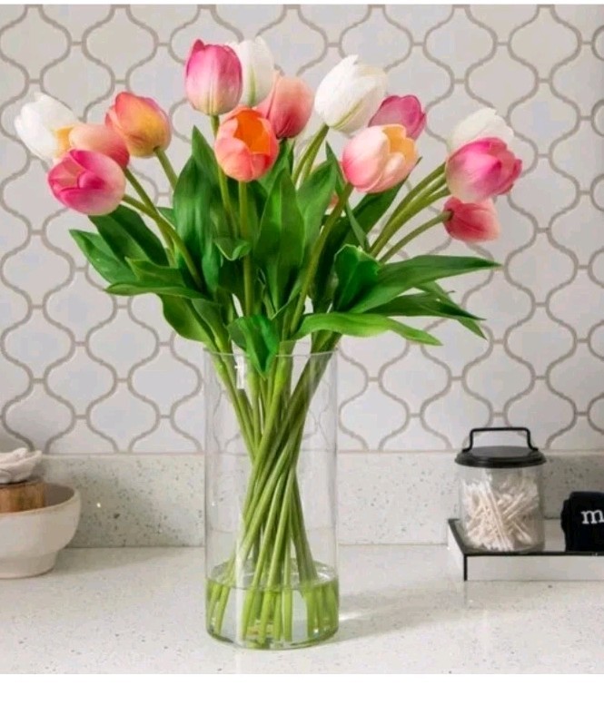 TULIPS FAKE ARTIFICIAL FLOWER FLORAL ARRANGEMENT SILK FLOWERS CERAMIC VASE NEW