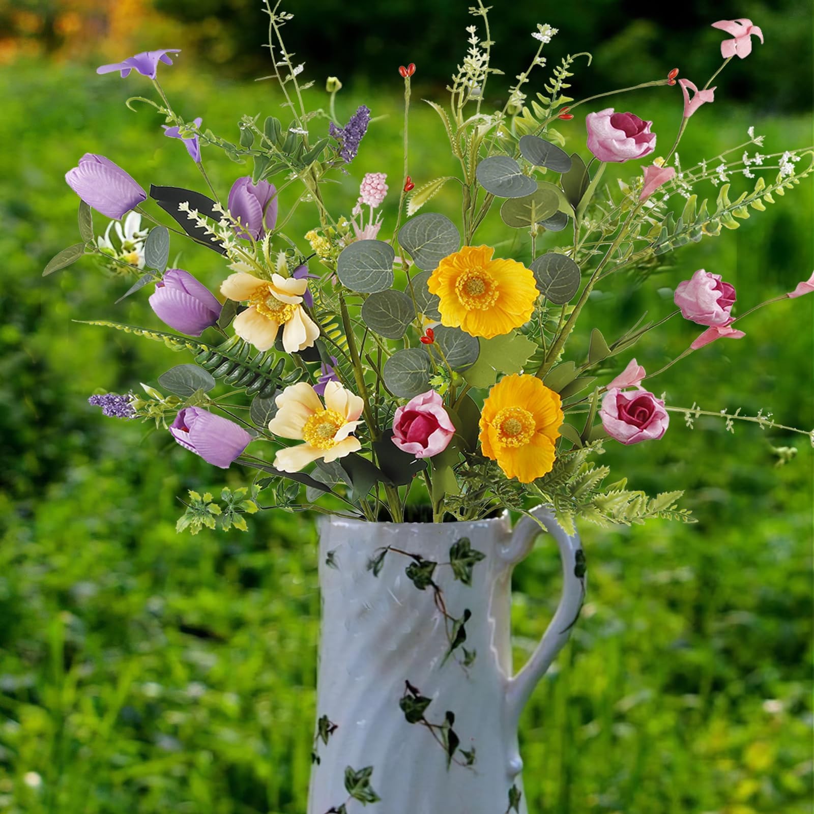 4 PCS Artificial Daisies Roses Poppies Wildflowers Silk Arrangement Decor