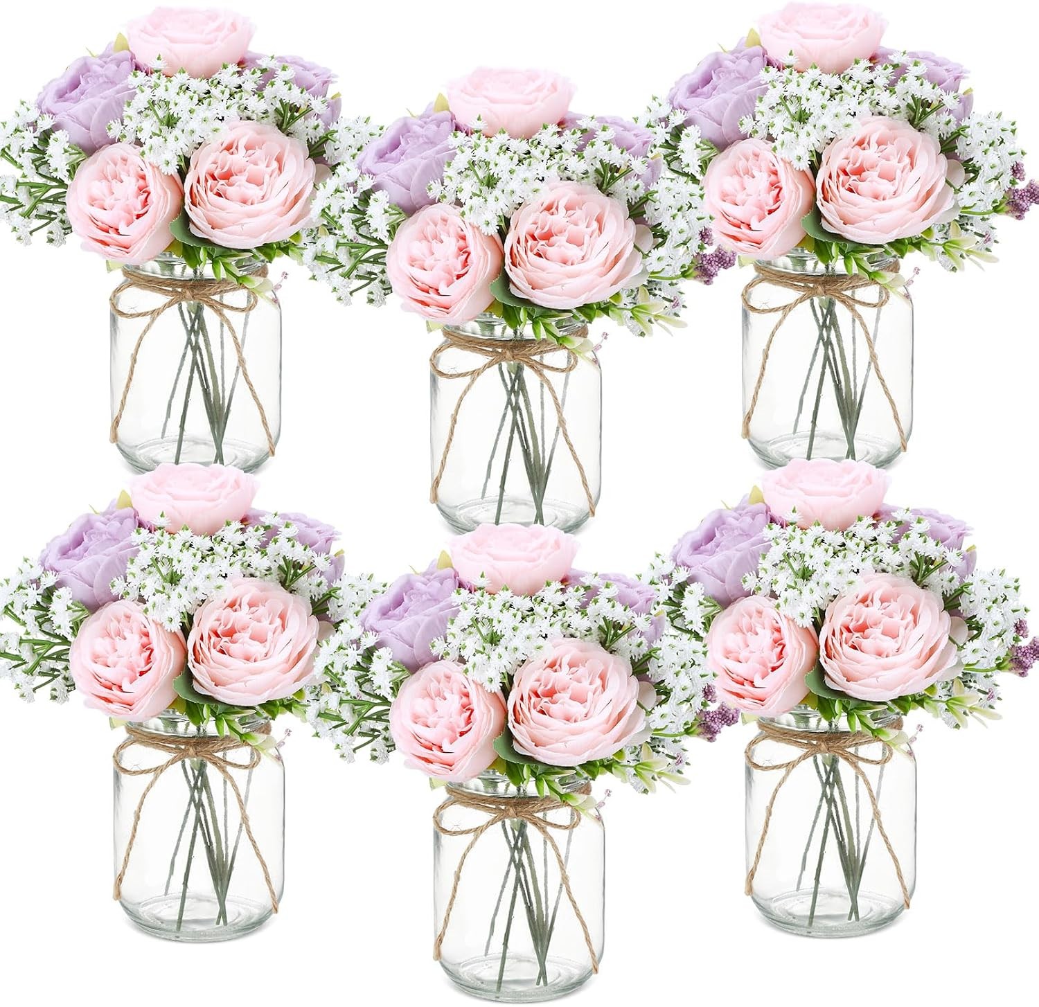 12 Sets Mason Jar Centerpiece Table Decorations Artificial Peony Baby’s Breath