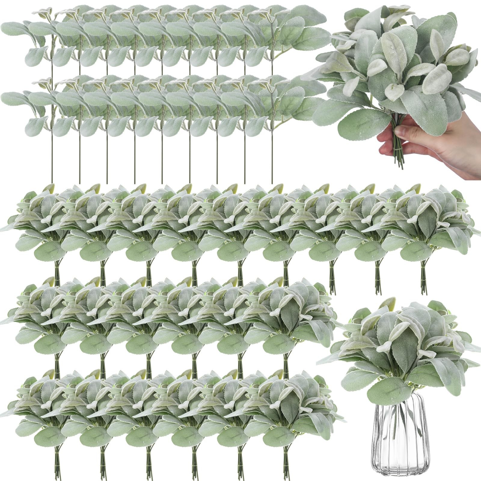 XunYee 100 Pcs Artificial Flocked Lambs Ear Leaves Faux Greenery Stems Bulk F…