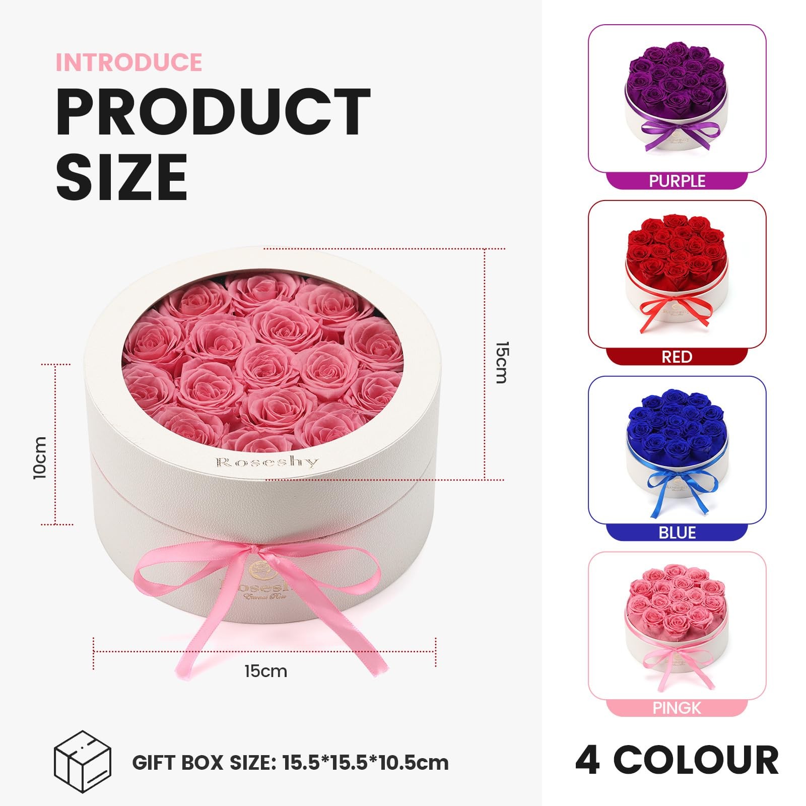 16 PCS Pink Forever Preserved Roses Round Box Artificial Floral Decor Display