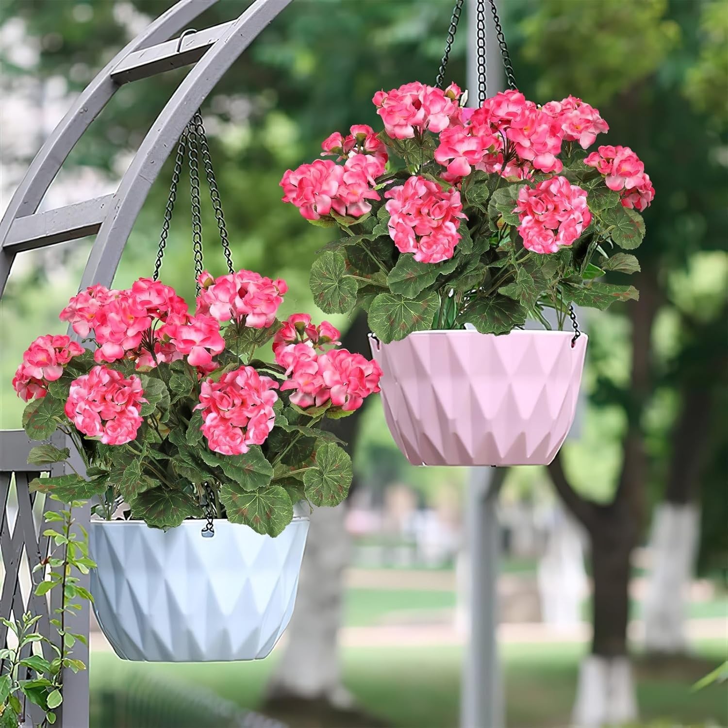 Artificial Pink Geranium Silk Flowers Outdoor Plant Bush 2 Bundles Faux Flowe…