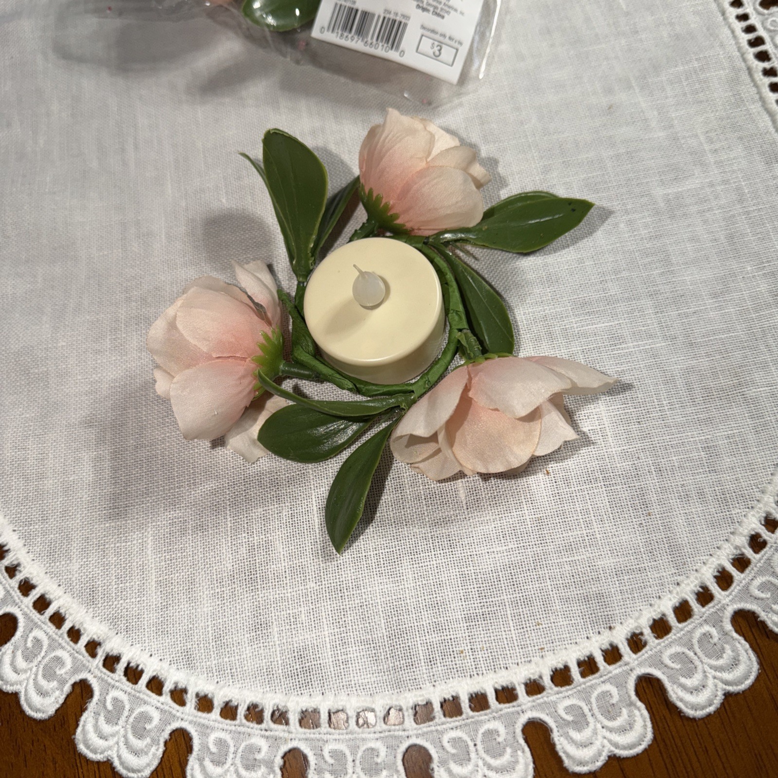 Mini Pink Floral Taper Candle Ring Green Leaves 1.5 inch inside