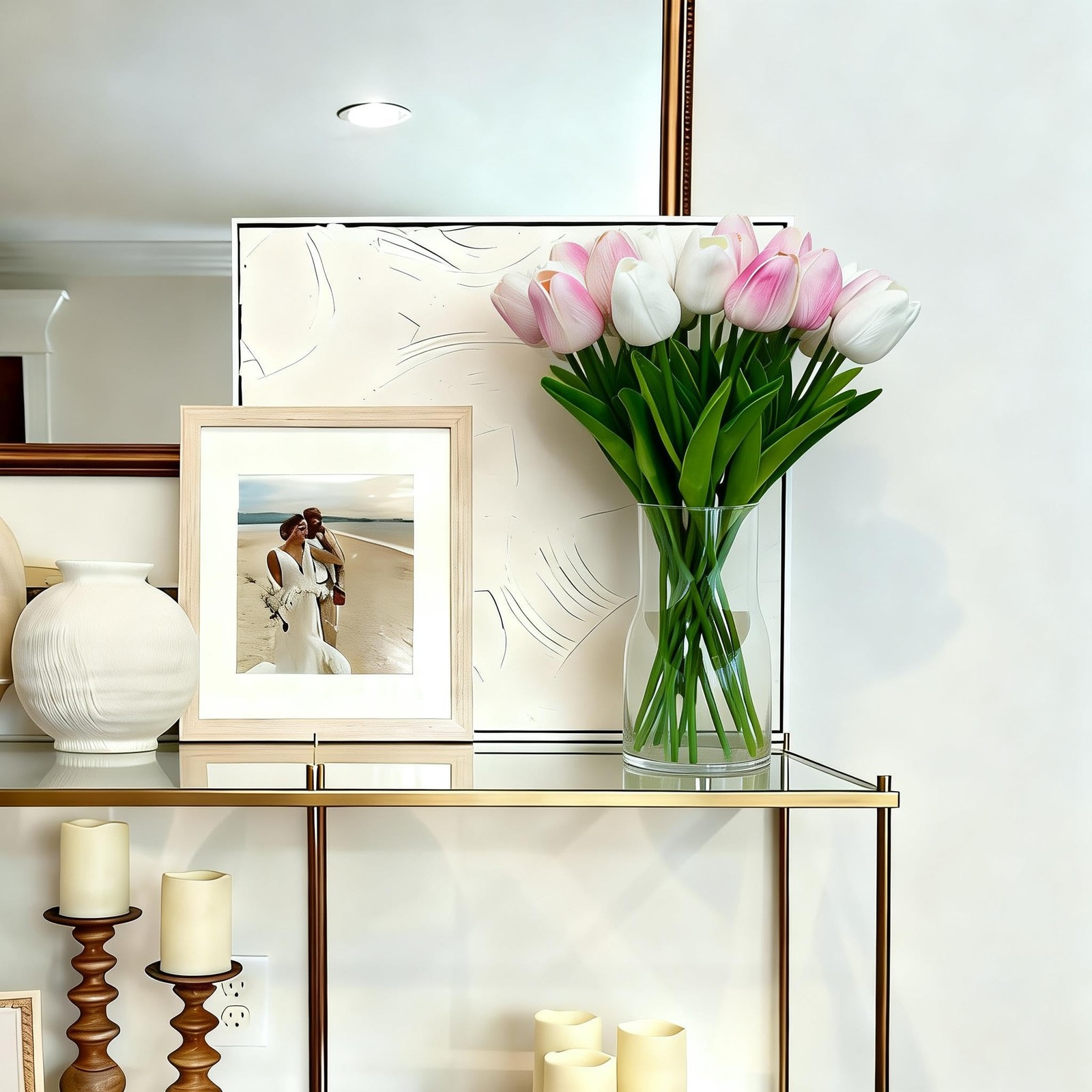 20 PCS White Pink PU Faux Tulips Flowers 13″ Fake Home Wedding Decor