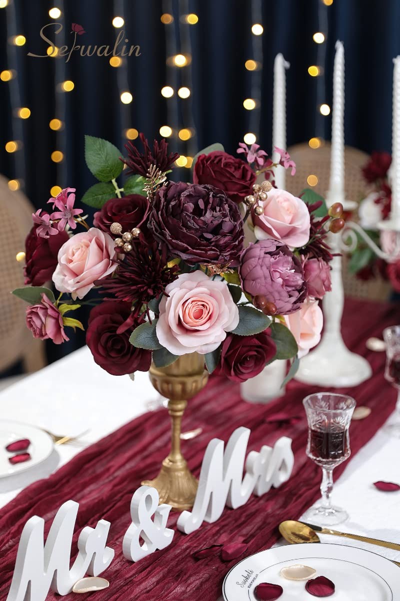 Burgundy Artificial Flowers Fake Pink Rose Silk Cake Floral Bridal Centerpiece