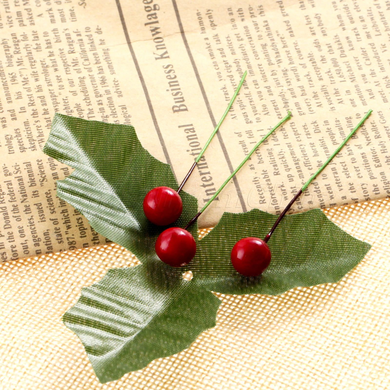 Green Flower Leaves & 50x Artificial Red Holly Berries Garden Wedding Home Decor