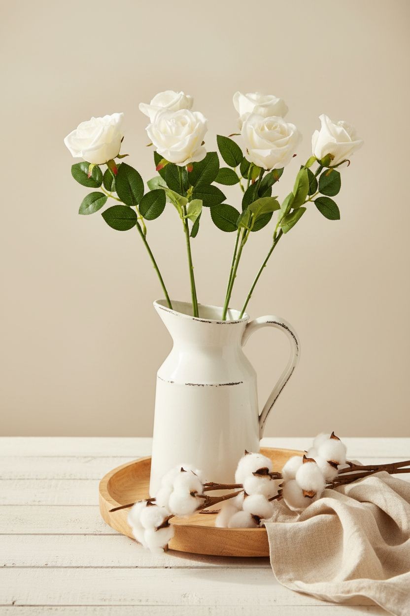 Set of 6 White Rose Stems Faux Roses Artificial White Flowers Farmhouse Wedding