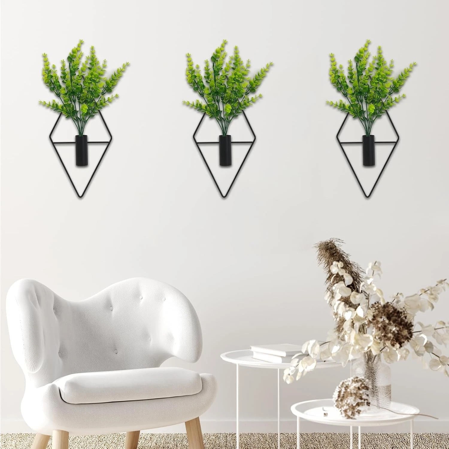 Elegant 3-Piece Geometric Metal Wall Planters with Eucalyptus for Home & Office