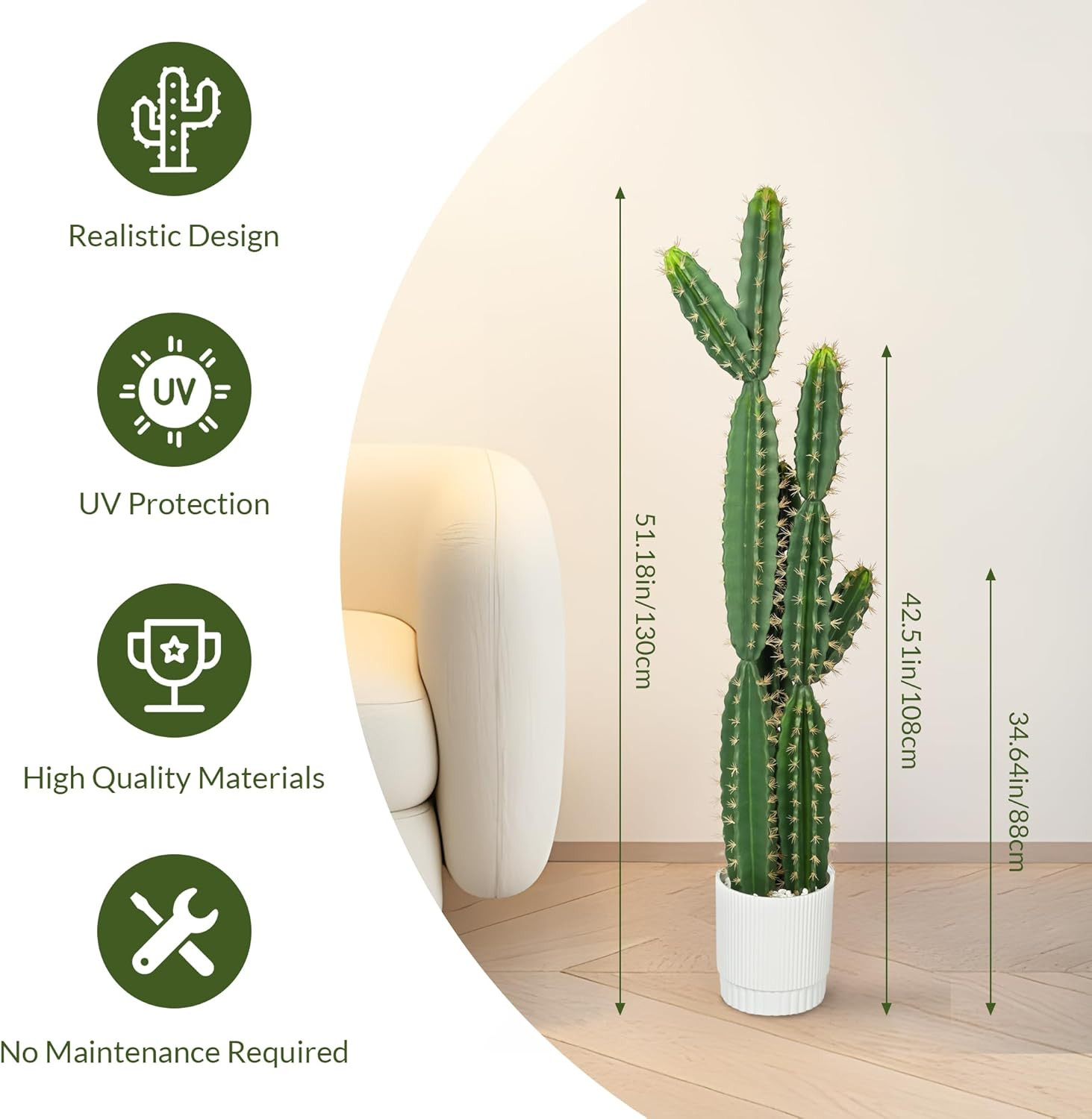 51″ Realistic Faux Cactus in White Pot – Low Maintenance Indoor/Outdoor Decor