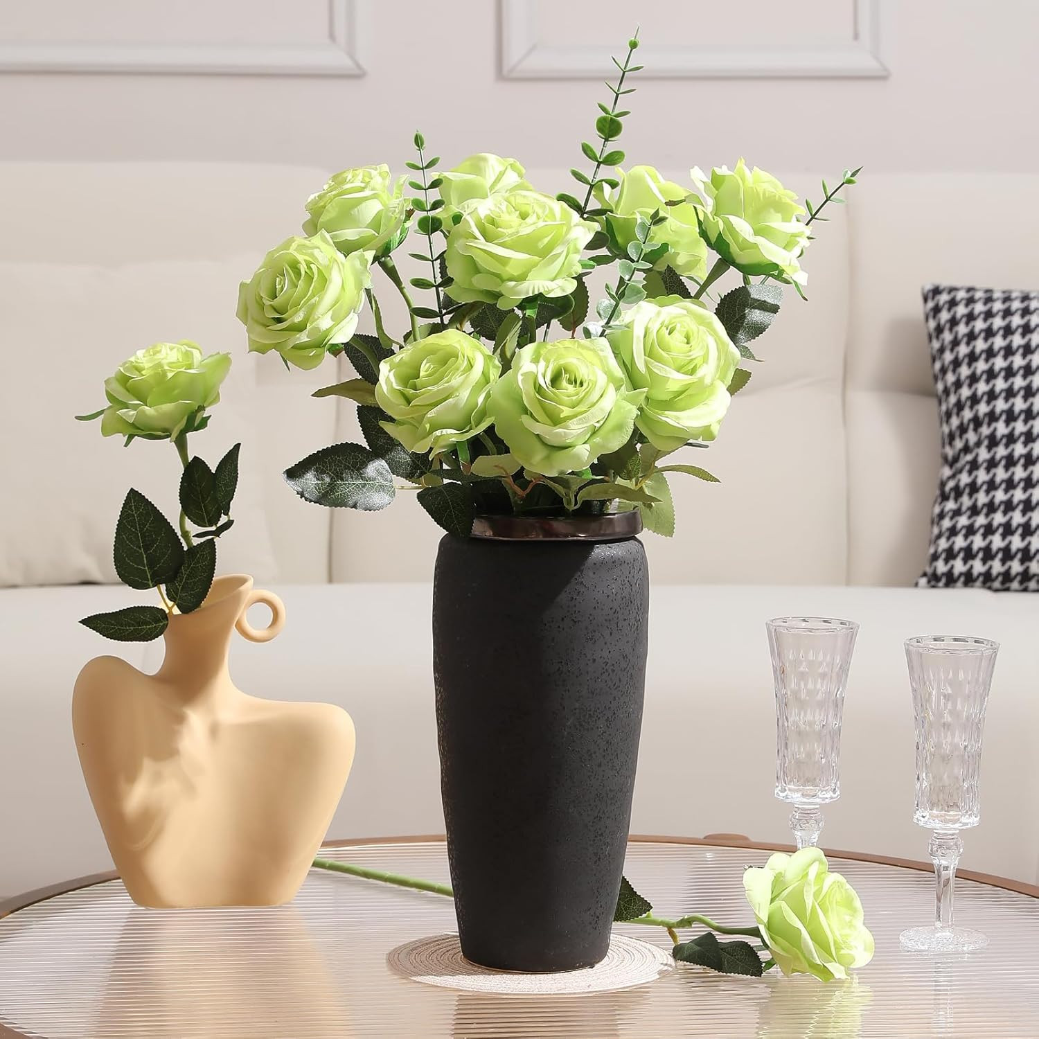Green Roses Artificial Flowers -12Pcs Realistic Single Long Stem Fake Silk Roses