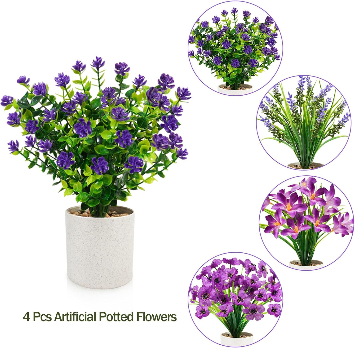 4 Packs Fake Plants Mini Artificial Potted Flowers Small Faux Plants Purple