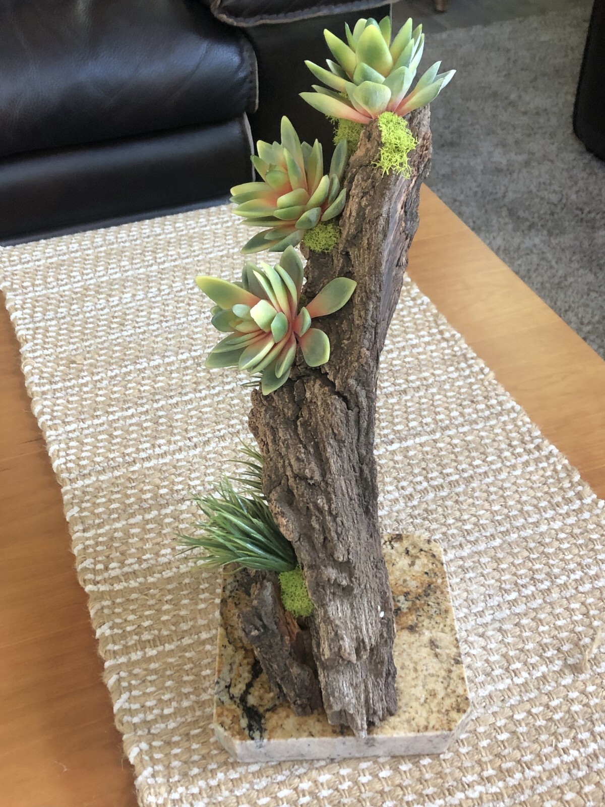 Artificial Succulent Air Plant Home Office Mounted on Real Wood Bark and Stone