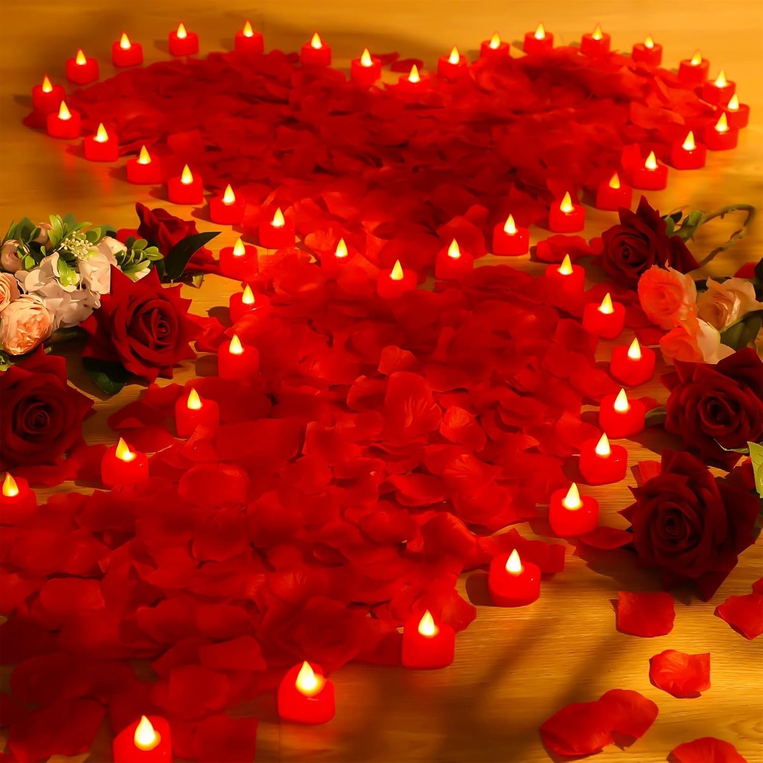Heart Candle and Rose Petal Set – 72 LED Lights & 6000 Petals for Romantic Decor