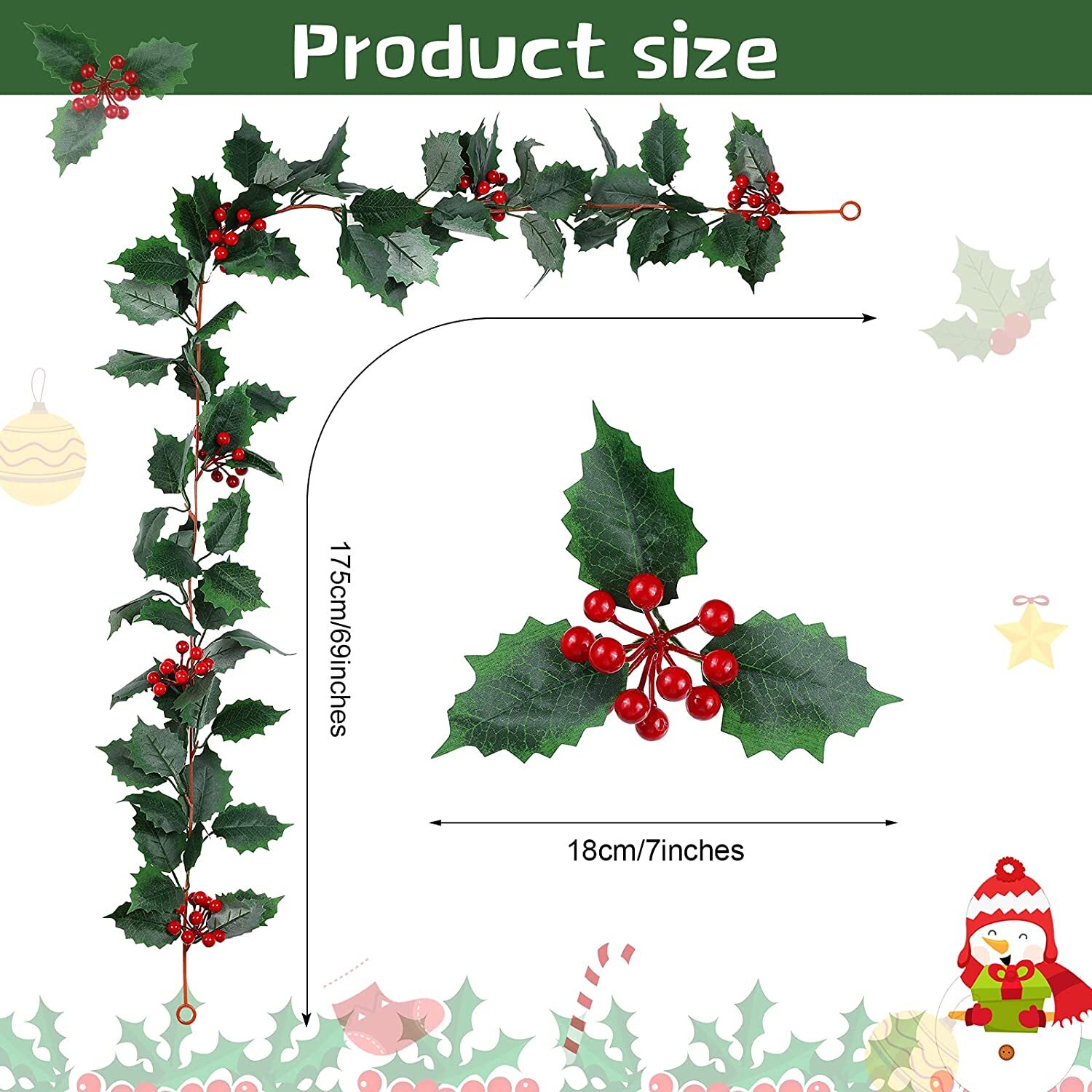 6 Ft Christmas Red Berry Green Garland Vine Winter Holly Leaves Xmas Decor USA