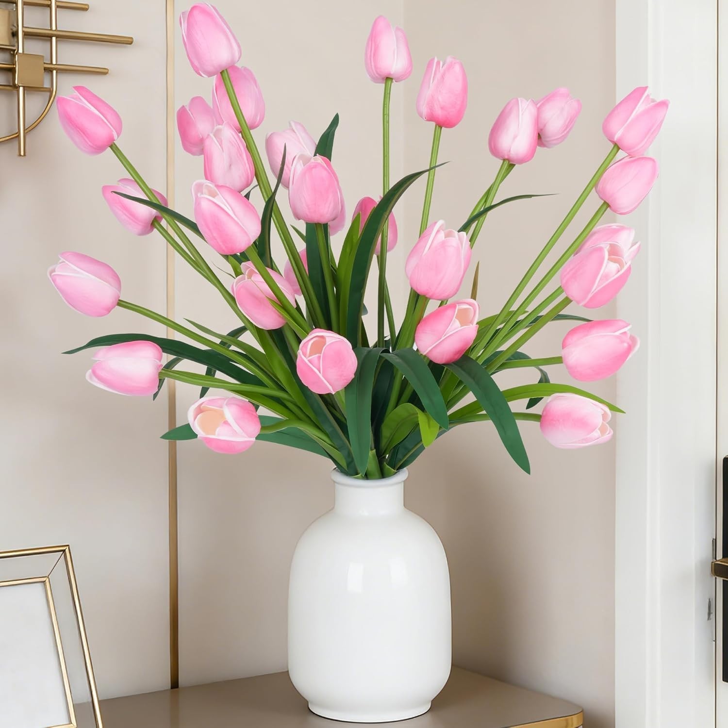 Artificial Tulip Flowers-Homsunny 18.9″ Large Pink – 30-Pack Faux Tulips-Decor