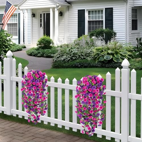 Artificial Hanging Petunias Flowers for Outdoor, 2pcs Dark Purple Light Purple