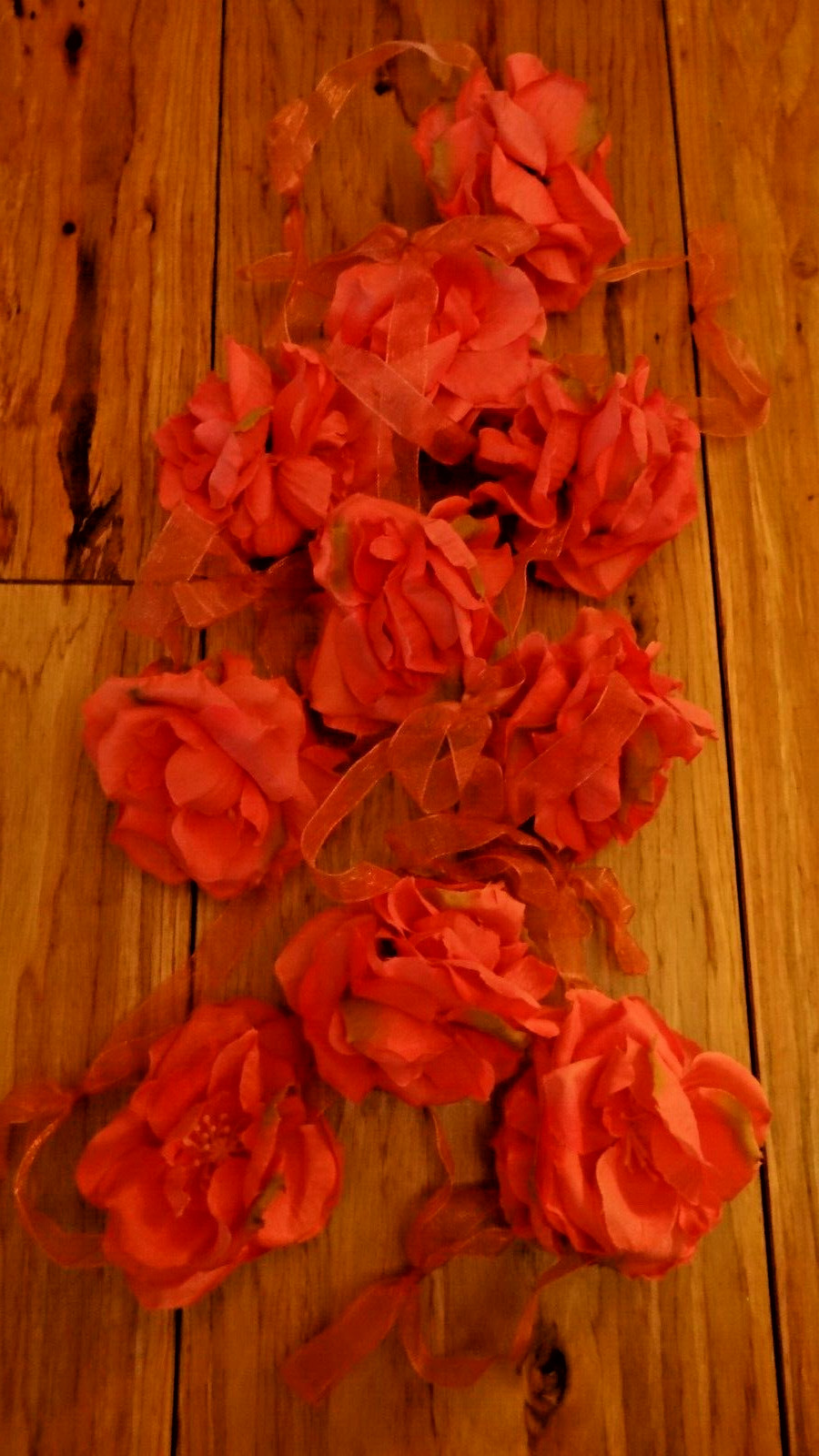 Pink Silk Rose Floral Garland Attached To Pink Organza Ribbon