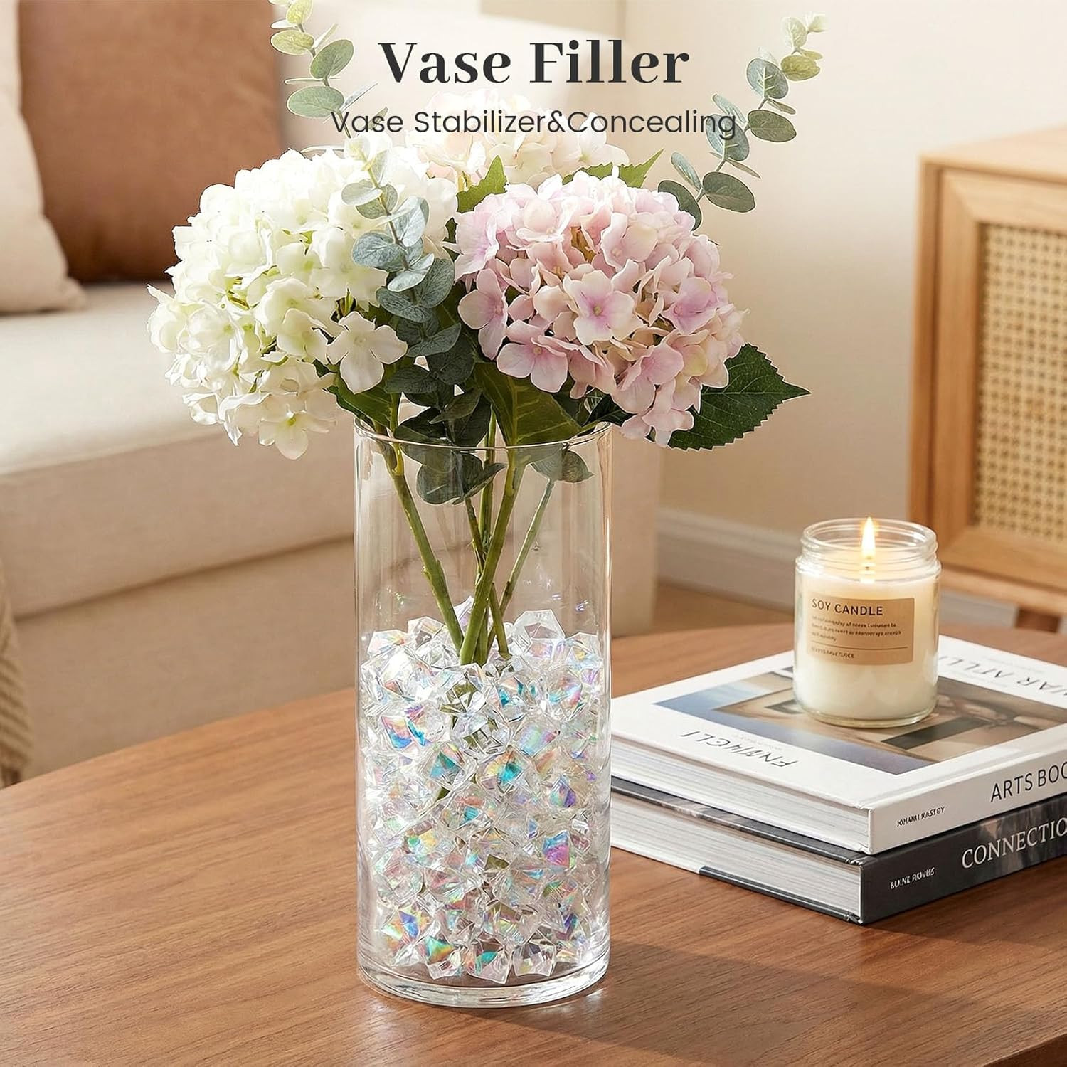 Iridecent Fake Ice, 150PCS Sparkling Vase Fillers Fake Diamonds Clear Gem Stones