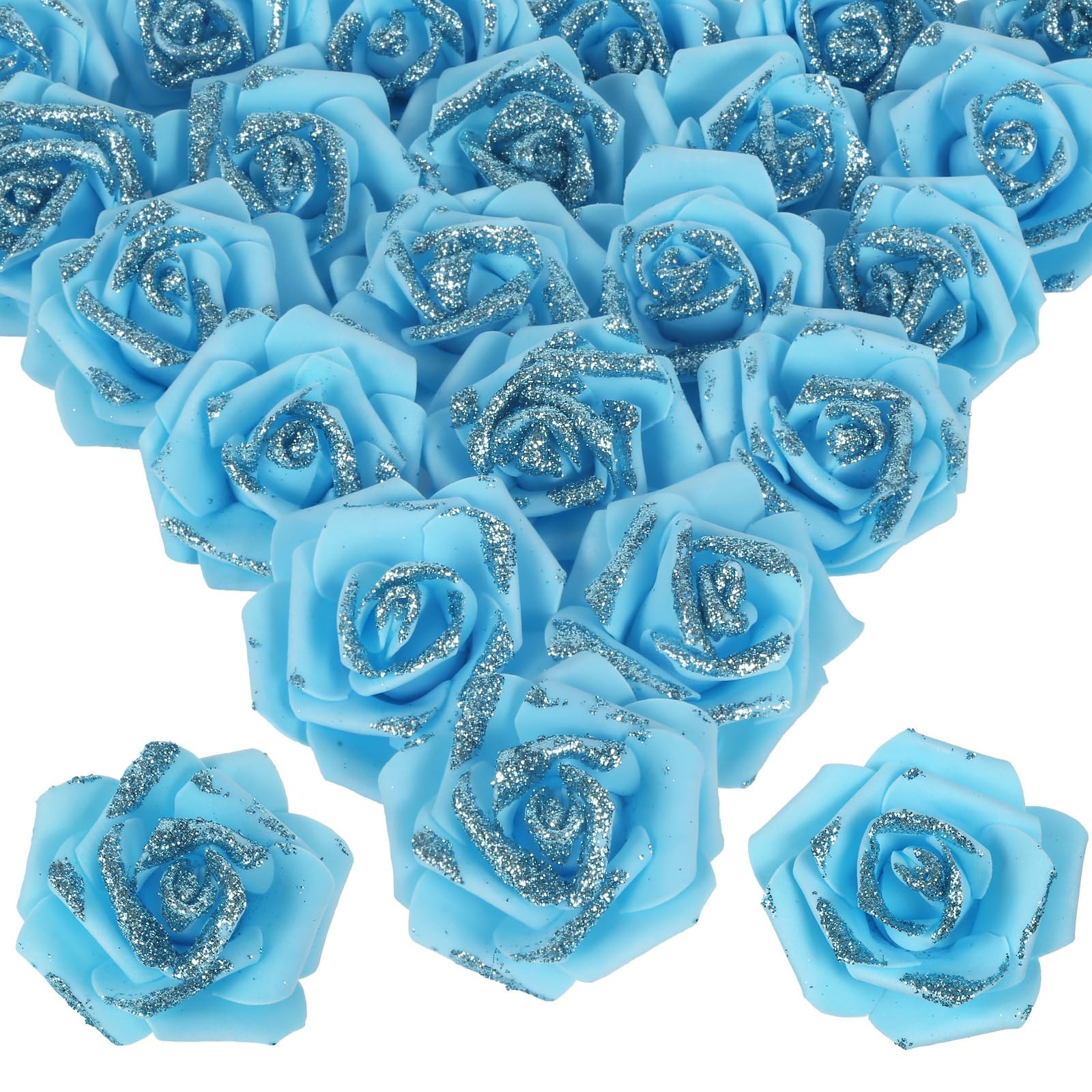 Light Blue Glitter Roses Foam Flowers Fake Rose Cake Centerpiece 100 PCS