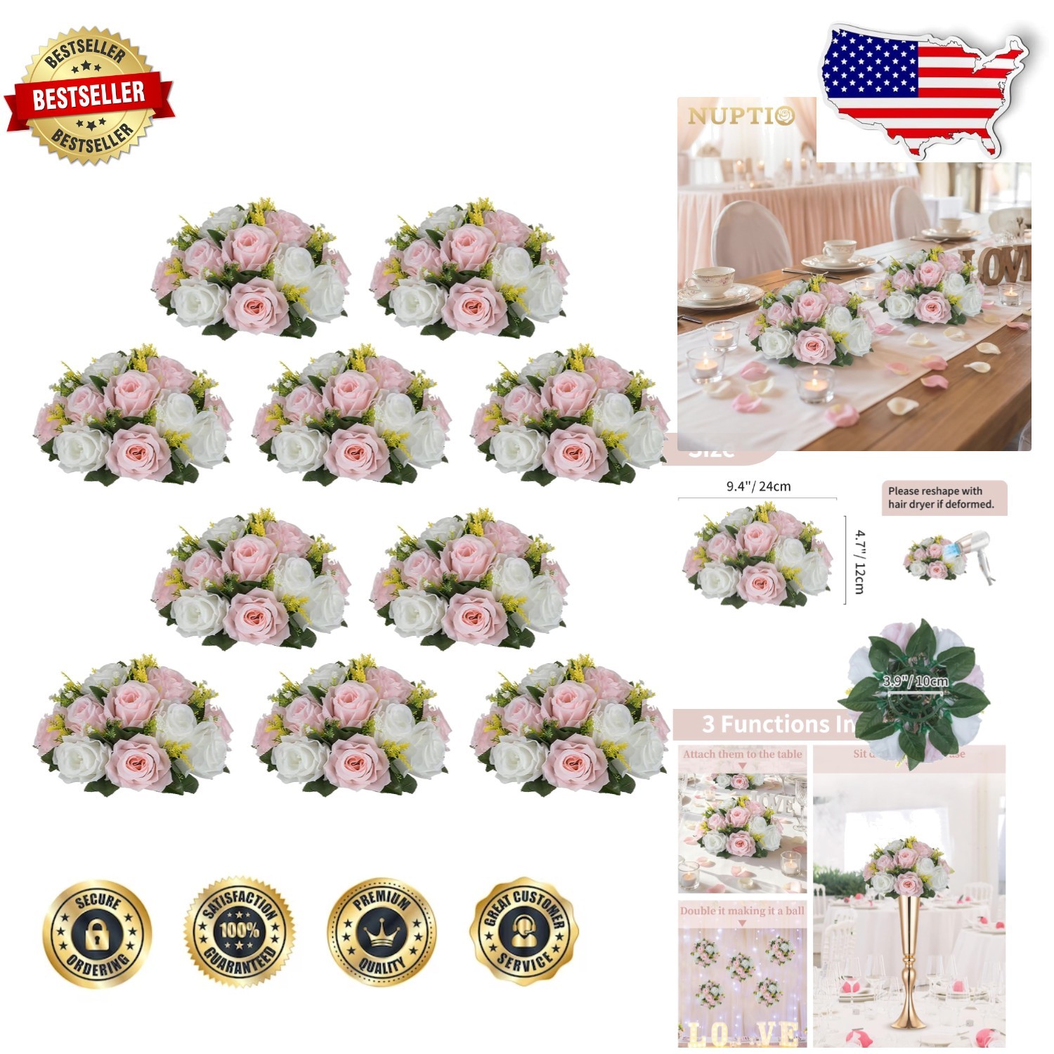 Silk Rose Flower Balls – 10 Pcs 9.5″ Pink White Centerpieces, Ready-to-Use Decor