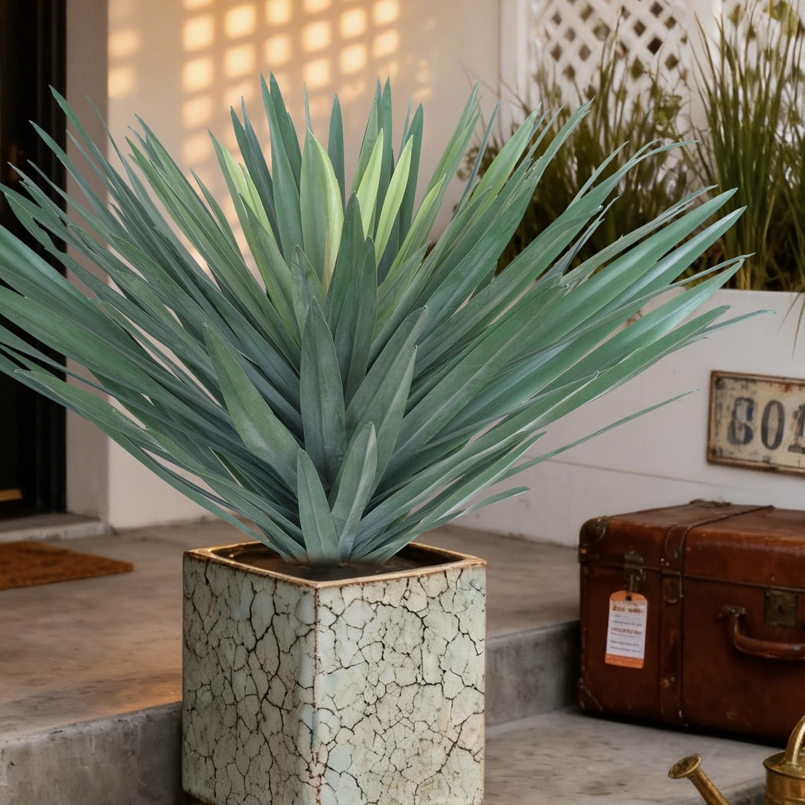 27″ Artificial Agave Plant in White Pot, Large Potted Fake Desert Green Plant…