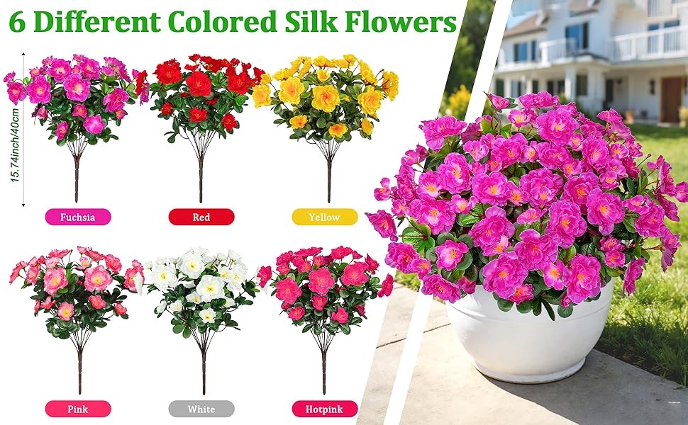 4 Bundles Artificial Camellia Flowers for Outdoors, Fuchsia | Fake silk flowers