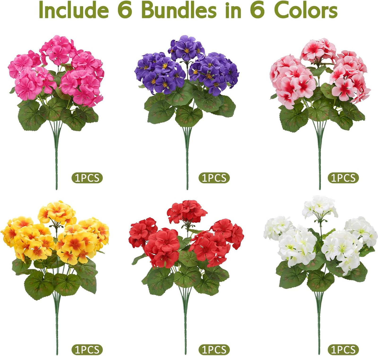 Artificial Geraniums Flowers Set of 6 UV Resistant Faux Plants for Indoor