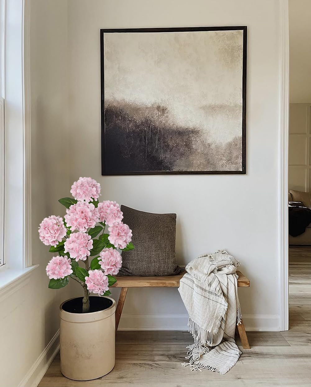 3FT Pink Hydrangea Faux Silk Flowers in Black Pot, 2 Pack for Home Decor